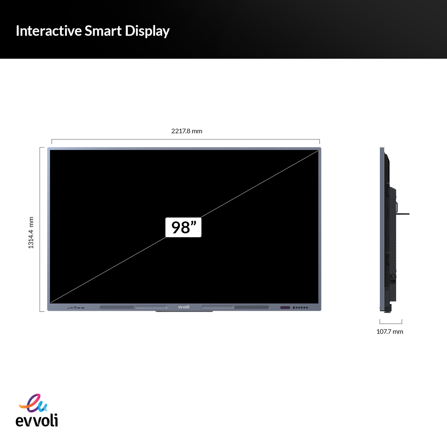 Evvoli 4K UHD 98 Inches Interactive Smart Display with Stand, LED Android13, 40 Points, 10M Laser Distance
